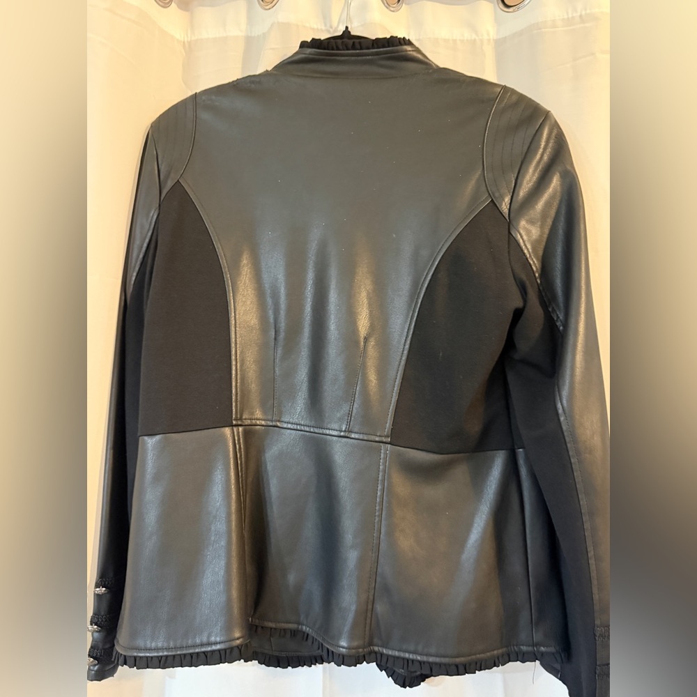 Chicos Faux Leather Military Jacket Black Size Medium Stretch Panels - Picture 8 of 12